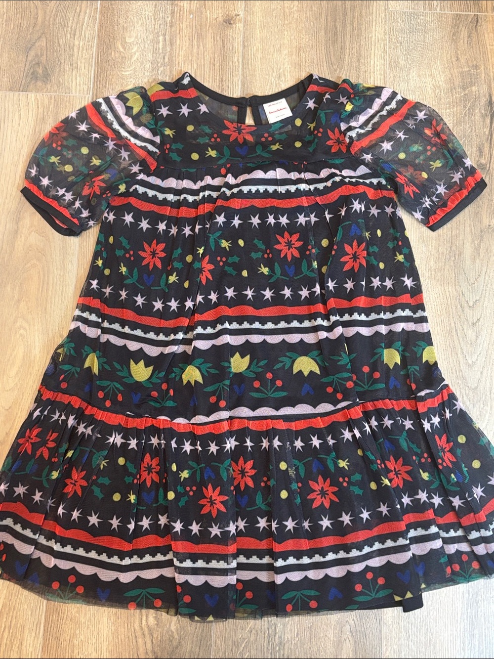Hanna Andersson Black Floral Stripe Dress with Red & Green Accents